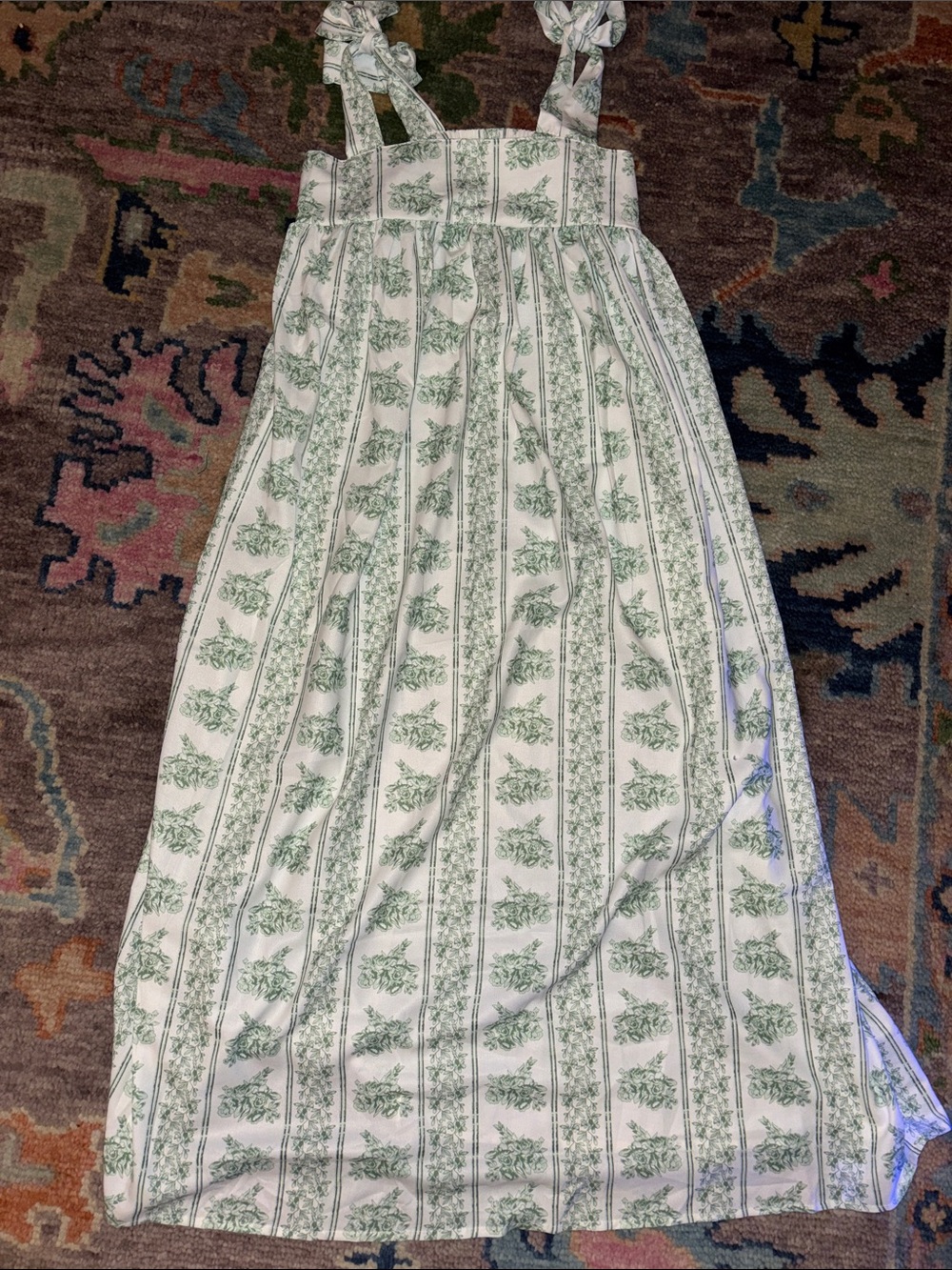 Green Floral Stripe Maxi Sundress with Tie Straps - Picture 2 of 4